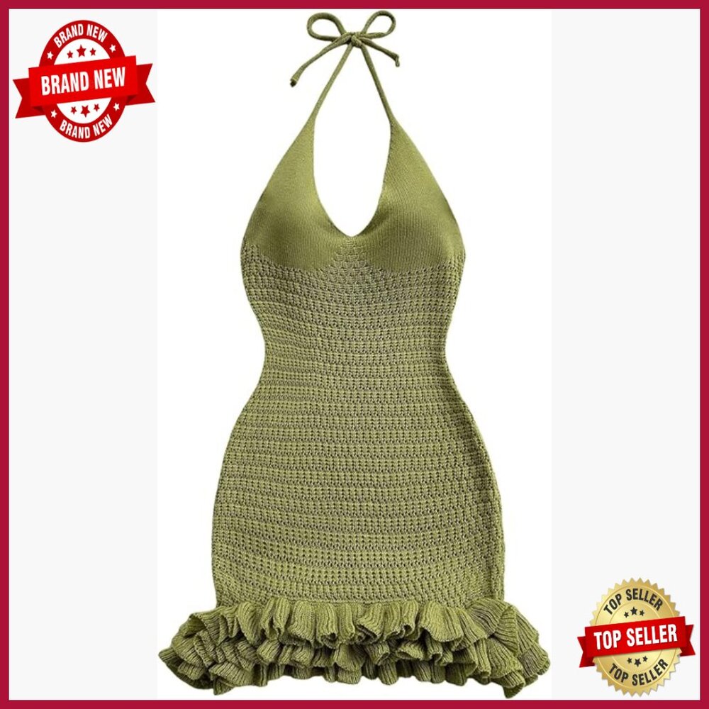Crochet Halter Backless Mini Dress Summer Festival Bodycon